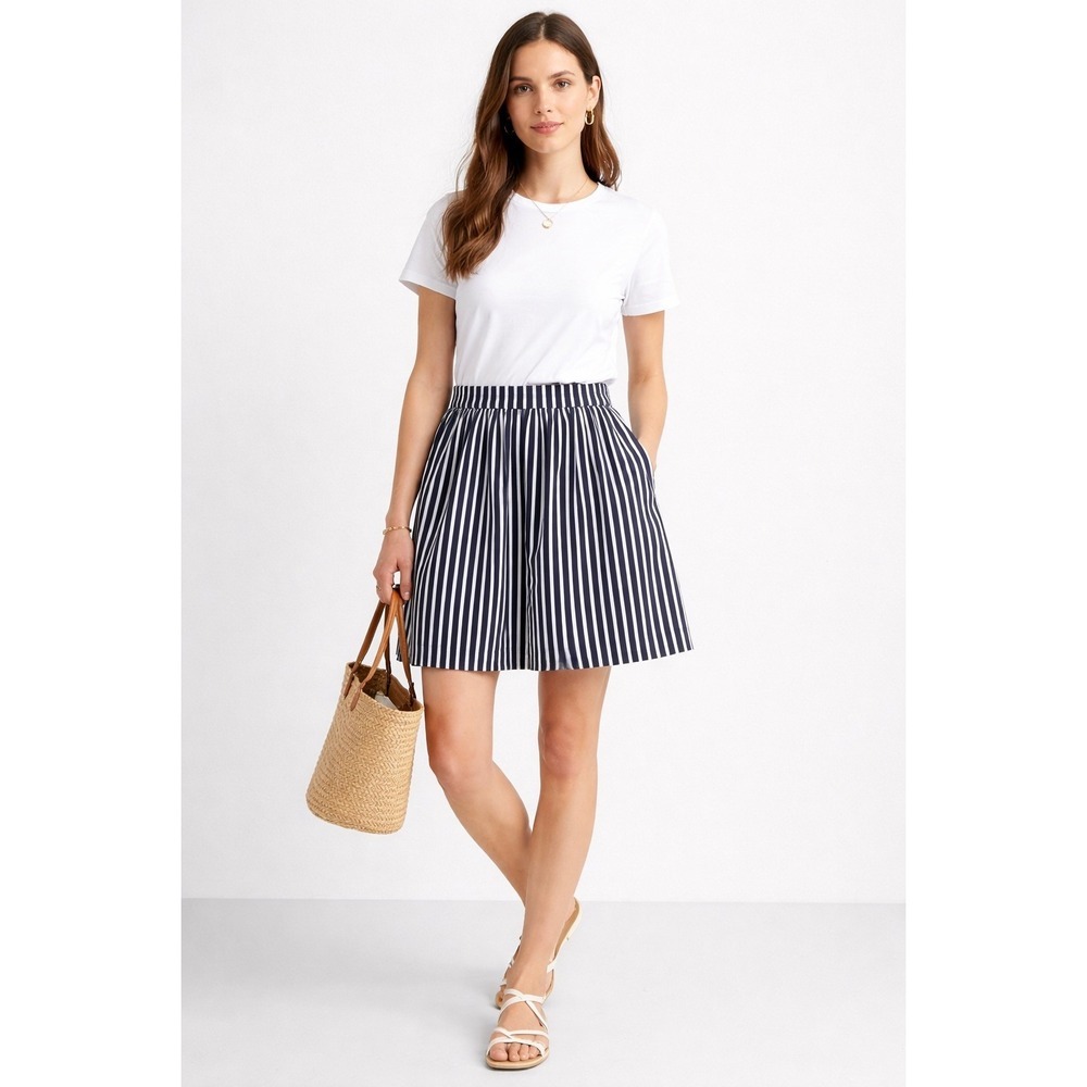 J.Crew Womens Navy White Striped Pleated Midi Skirt Elastic Waist E9828 Size 2